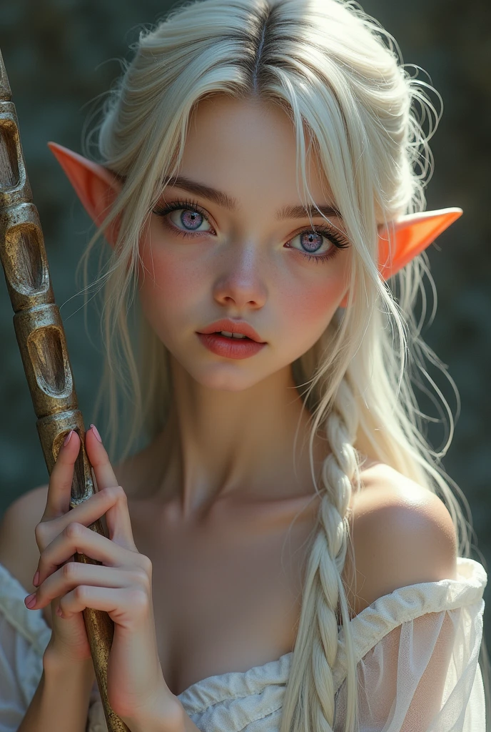 Close up skiny Elf Ash blonde violet eyes wearing sexy sheer linen dress and scepter in her hand hand, standing, facing forward with a defiant and sensual look.