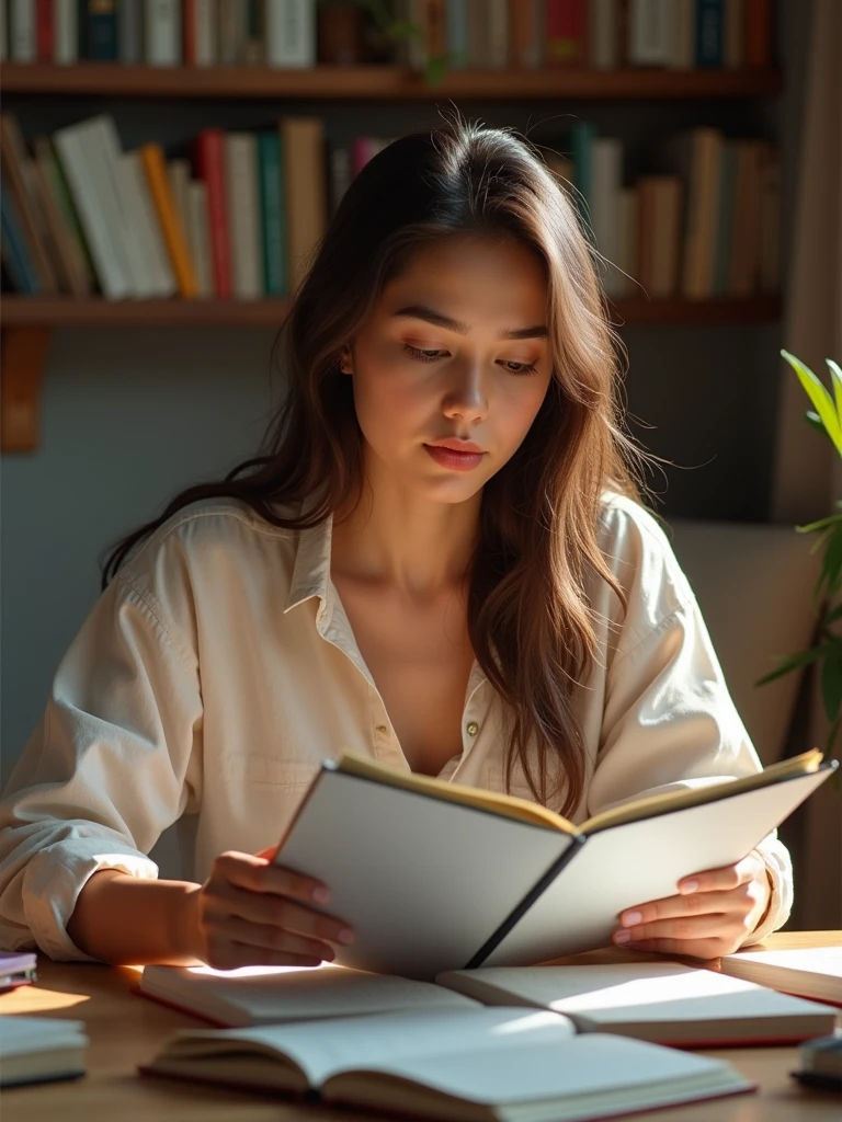 Sarah, chez elle, avec un carnet de budget ouvert, entourée de livres sur le développement personnel et une expression de détermination sur son visage.