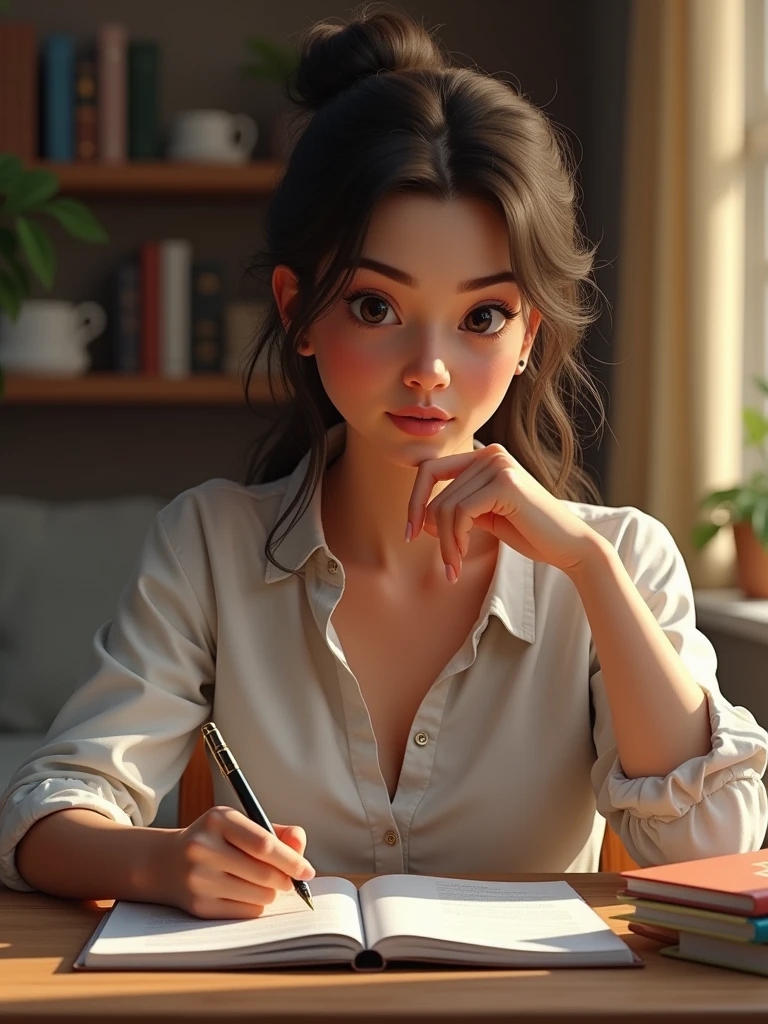 Sarah, chez elle, avec un carnet de budget ouvert, entourée de livres sur le développement personnel et une expression de détermination sur son visage.