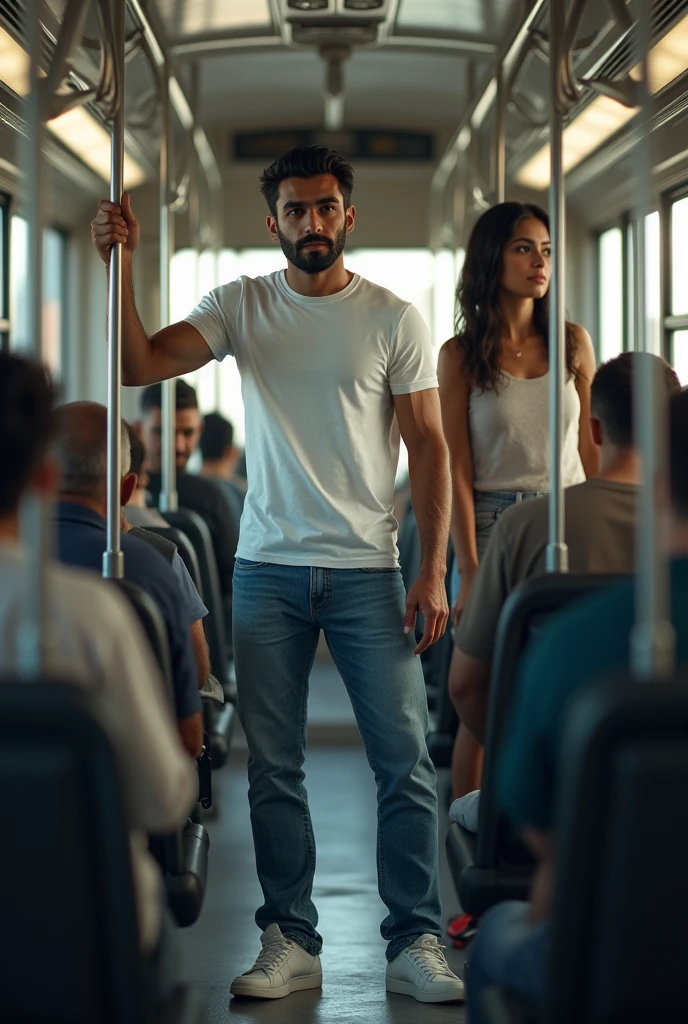 There is a young, strong, bearded Iranian man in a white t-shirt, jeans and white sneakers, standing, holding on inside a public transport bus, side by side being watched by a woman next to him. Bulge, bulge.
