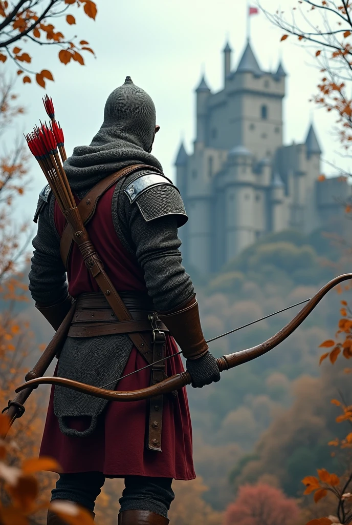 The image shows a medieval archer from behind, observing an imposing castle on top of a hill. The archer is dressed in leather and metal armor., with a chainmail helmet covering his head. He carries a quiver full of red-tipped arrows on his back., and holds a longbow in his right hand. The scene is set in an autumnal setting., with fallen leaves and bare branches framing the view. The castle in the background, built in grey stone, It has towers and walls that rise majestically, dominating the landscape. The image conveys a sense of vigilance and preparation., As if the archer was ready for any eventuality in this medieval setting.