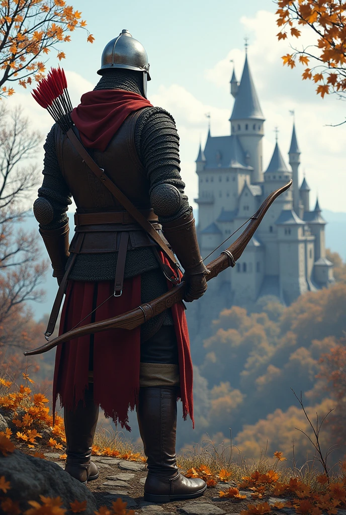 The image shows a medieval archer from behind, observing an imposing castle on top of a hill. The archer is dressed in leather and metal armor., with a chainmail helmet covering his head. He carries a quiver full of red-tipped arrows on his back., and holds a longbow in his right hand. The scene is set in an autumnal setting., with fallen leaves and bare branches framing the view. The castle in the background, built in grey stone, It has towers and walls that rise majestically, dominating the landscape. The image conveys a sense of vigilance and preparation., As if the archer was ready for any eventuality in this medieval setting.