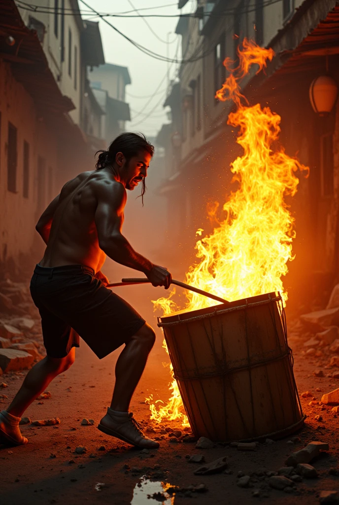 Playing drums, the drum is on fire, favela Brazil