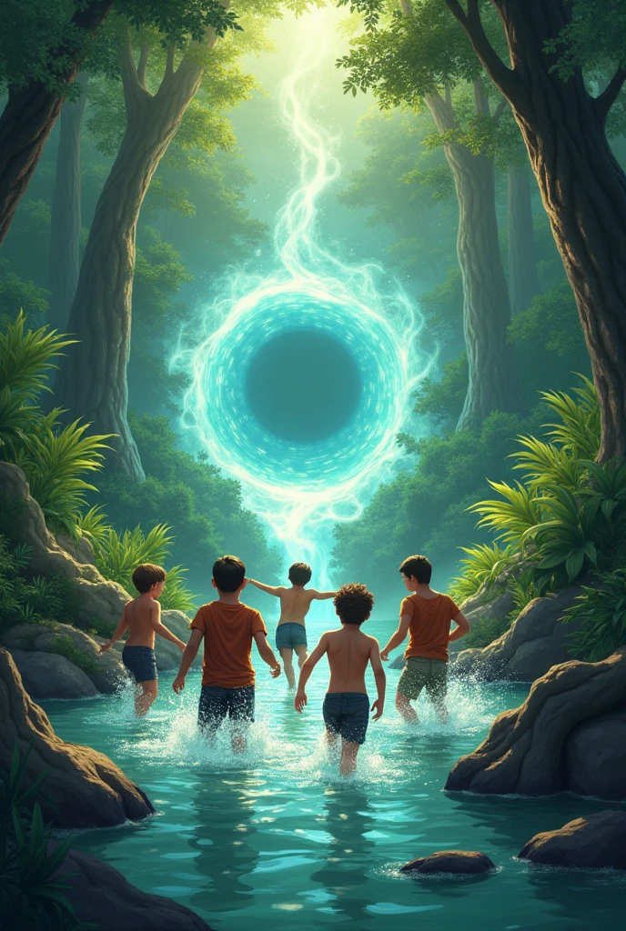 Five boys are on a trip in the forest and find a river in the middle of the forest. Everyone gets down there and has fun playing water sports. Once a portal emerges from the water and pulls one friend into it