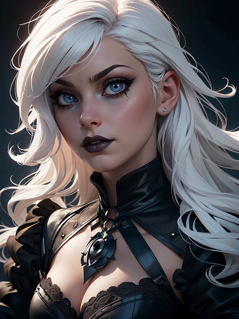 a beautiful busty goth princess woman,corset,white hair,dark streaked tears mascara,long lashes, white dilated feline eyes, tattoo,black short bangs,curly hair,(best quality,4k,8k,highres,masterpiece:1.2),ultra-detailed,(realistic,photorealistic,photo-realistic:1.37),portrait,chiaroscuro lighting,dramatic lighting,dark moody colors,dramatic colors