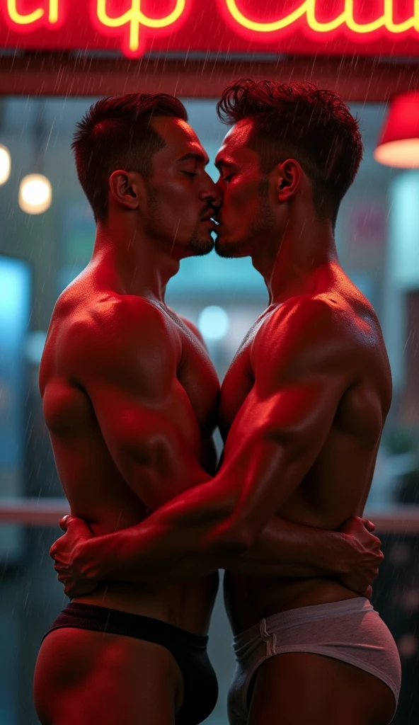best quality, masterpiece, hyper realistic, extremely detailed, in front of a gay strip club, jockstrap, a handsome 2 filipino man, kissing gently a mature 30 year old taiwanese man, groping each other, muscular bodybuilder, half body, fill frame, drizzling rain, extremely romantic atmosphere, dark cinematic lighting, extremely dramatic shadows, no background, perfect face, perfection, no signature, no logo