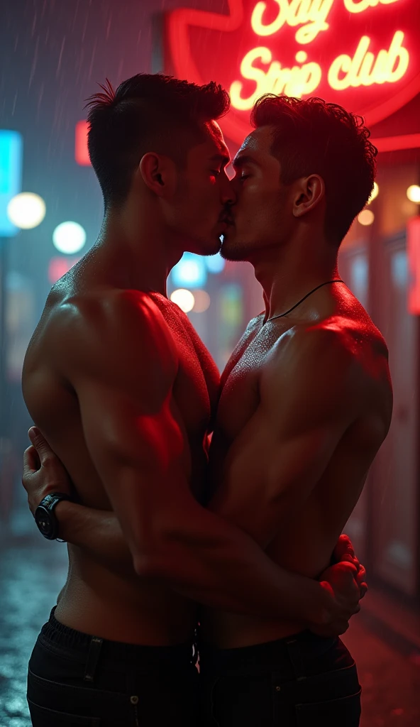 best quality, masterpiece, hyper realistic, extremely detailed, in front of a gay strip club, jockstrap, a handsome 2 filipino man, kissing gently a mature 30 year old taiwanese man, groping each other, muscular bodybuilder, half body, fill frame, drizzling rain, extremely romantic atmosphere, dark cinematic lighting, extremely dramatic shadows, no background, perfect face, perfection, no signature, no logo