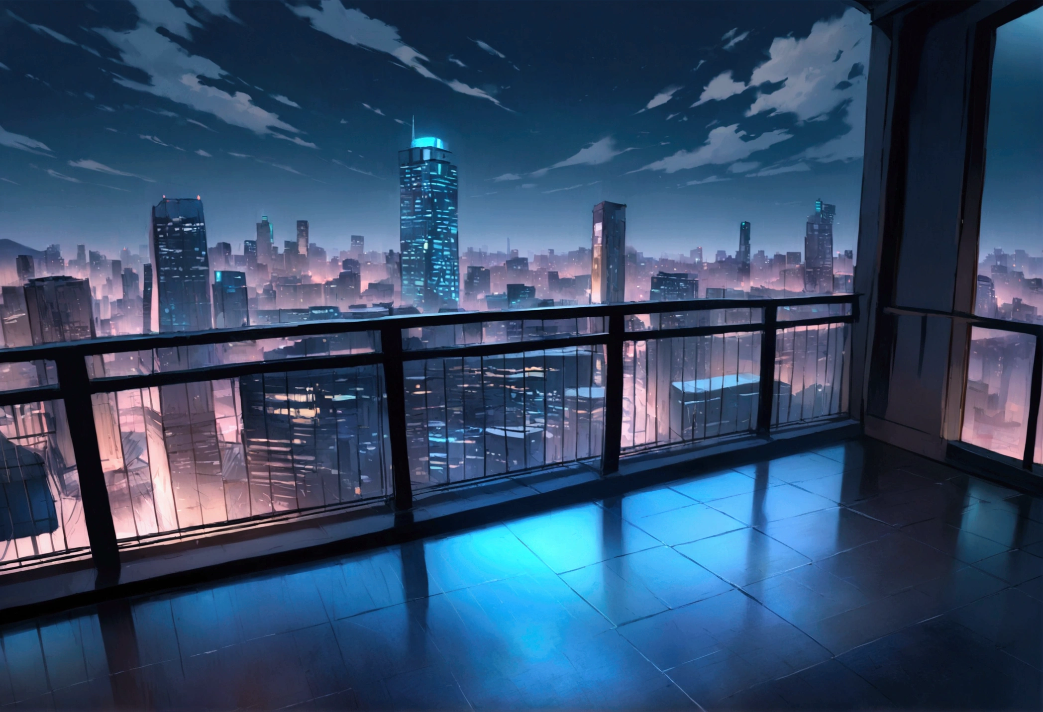 view of a city from a balcony, night, no people, light clouds, In the style of Makoto Shinkai。master piece, ultra detail, precision, ultra-realistic, anime art