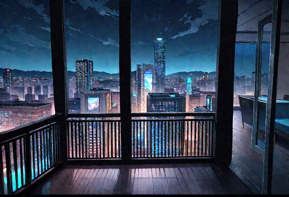 view of a city from a balcony, night, no people, light clouds,  In the style of Makoto Shinkai。master piece, ultra detail, precision, ultra-realistic, anime art
