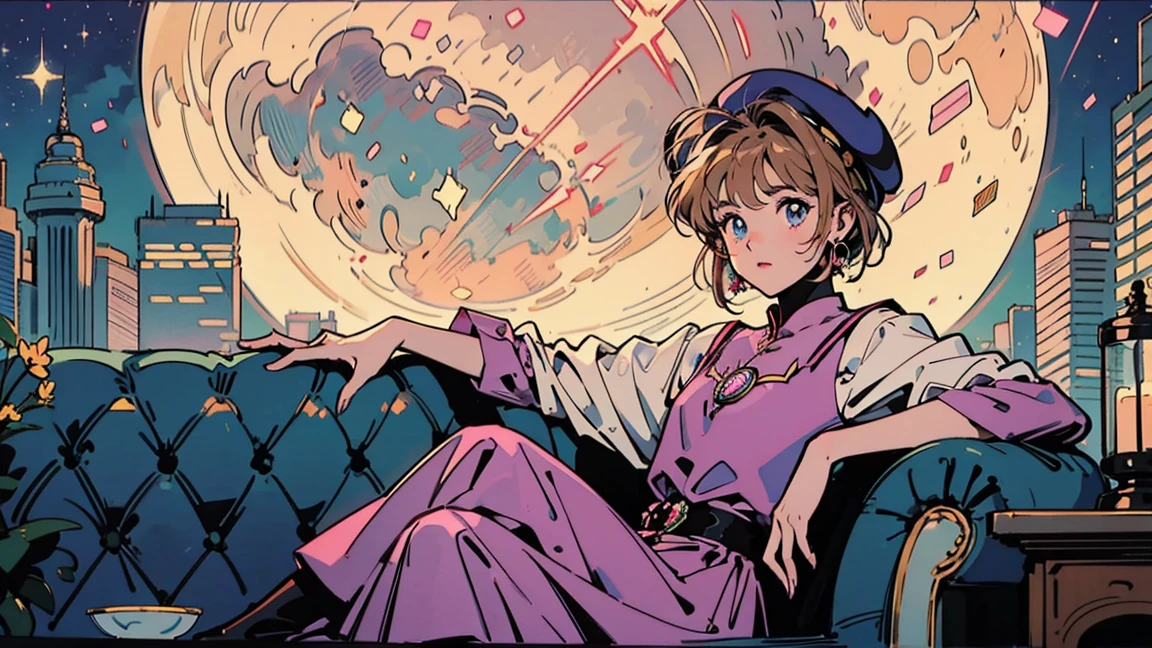 Card Captor Sakura。 beret。Full moon and starry sky, Sitting on the couch , One person, A glittering cityscape in the foreground、Pink Dress