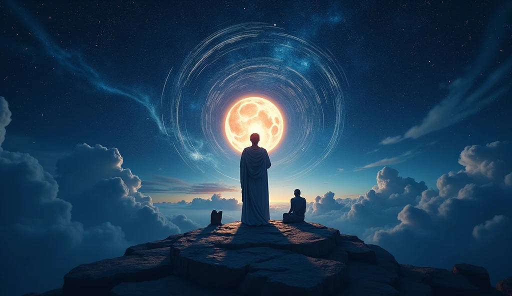 A wide banner featuring a serene night sky with stars and cosmic swirls, echoing the patterns from the logo. At the center, a subtle glowing orb representing enlightenment hovers behind the ancient Greek philosopher's silhouette, creating a sense of depth and wisdom. On either side of the silhouette, soft beams of light extend outwards, gradually revealing symbolic elements like an open book, a brain, and a meditative figure. The channel name, 'Enlightened Minds,' is displayed in a refined, elegant font, with a slight golden hue, positioned below the central image." Make it hyper realistic