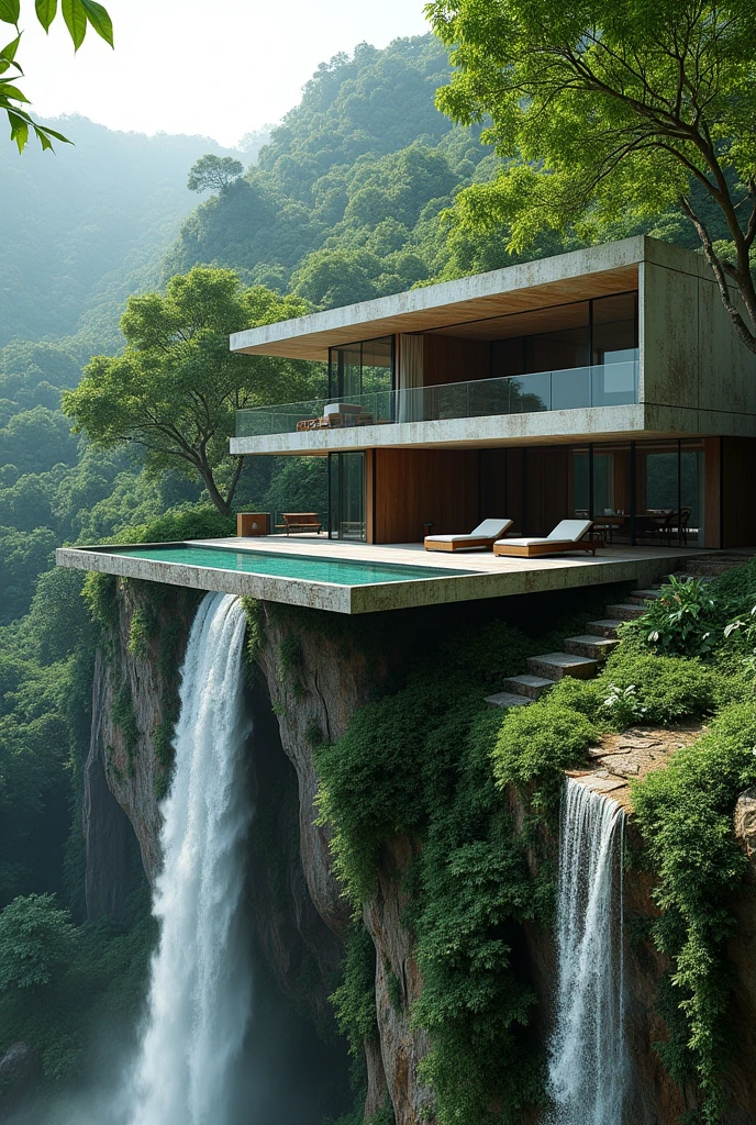 Modern concrete house on top of a waterfall, the dense jungle in tropical climates,hyperrealisti,fot,best qualityer,extremely complete detailed,with an organic picsina,perspective.