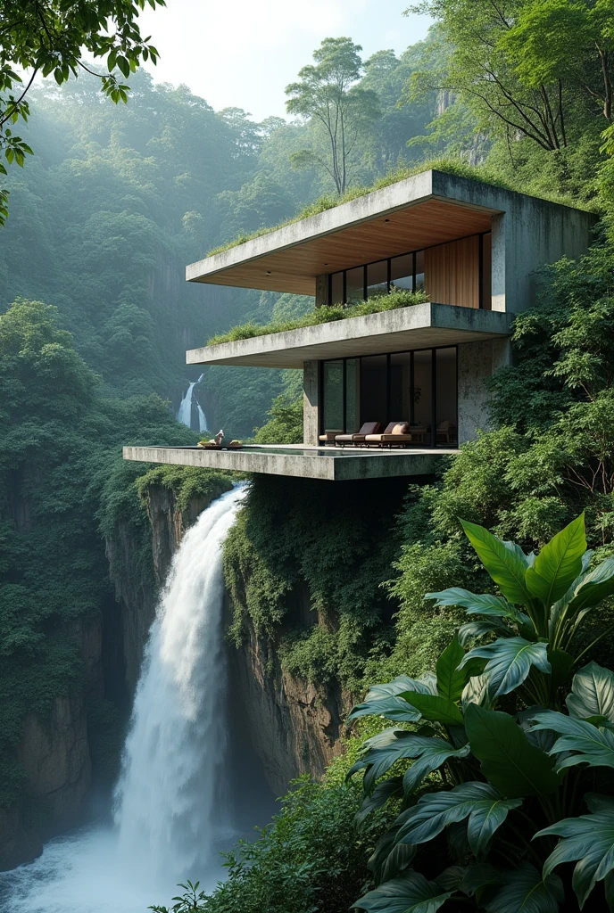 Modern concrete house on top of a waterfall, the dense jungle in tropical climates,hyperrealisti,fot,best qualityer,extremely complete detailed,with an organic picsina,perspective.
