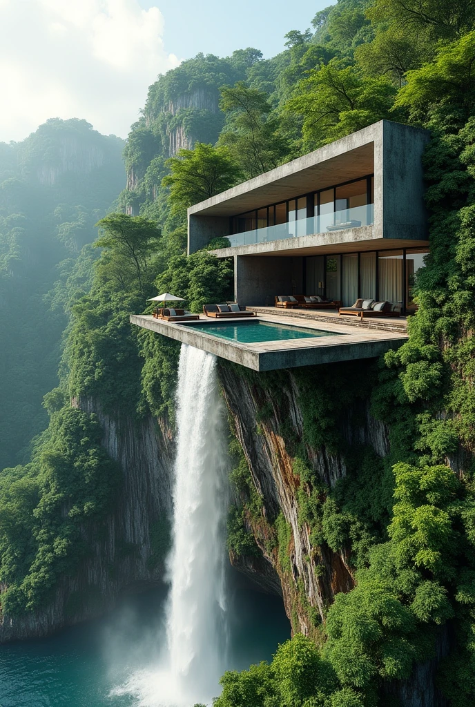 Modern concrete house on top of a waterfall, the dense jungle in tropical climates,hyperrealisti,fot,best qualityer,extremely complete detailed,with an organic picsina,perspective.