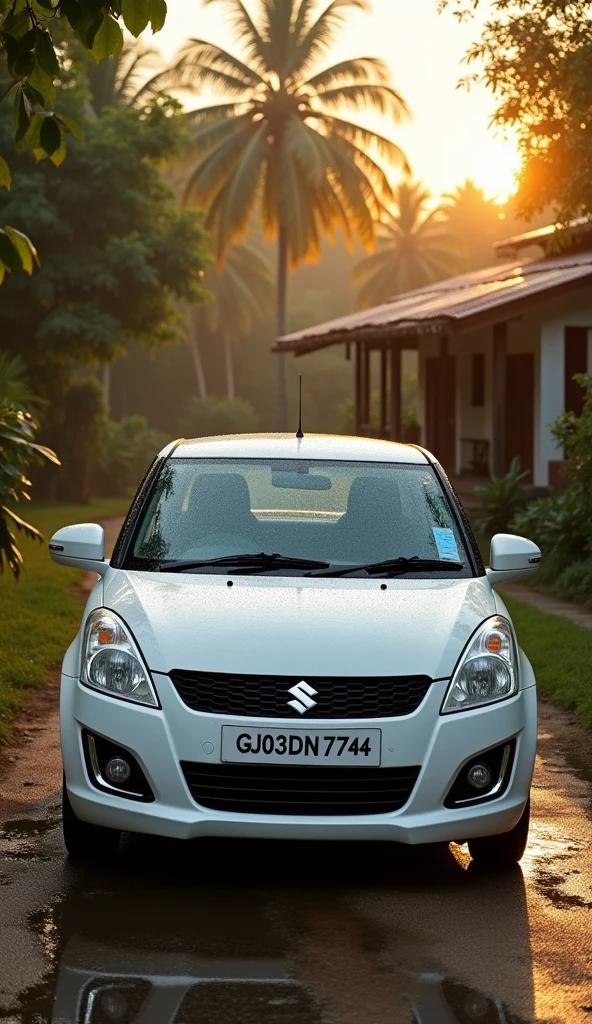 White maruti suzuki swift vdi car 2011 model in front of farmhouse in evening sunlight in background and mengo trees and coconut trees in background and GJ03DN7744 on number plate and raining on car