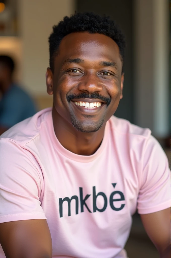 ((best quality)), ((masterpiece)), (detailed), perfect face A man with a smile facial expression wearing a light pink T-shirt with the words "mkbe" printed on it. he is sitting on Indoor and The background appears to be an indoor setting with bright lighting that highlights the man's face and T-shirt. He has short black hair and a slight mustache. ((8K)), ((Photografy)), ((Realistic))