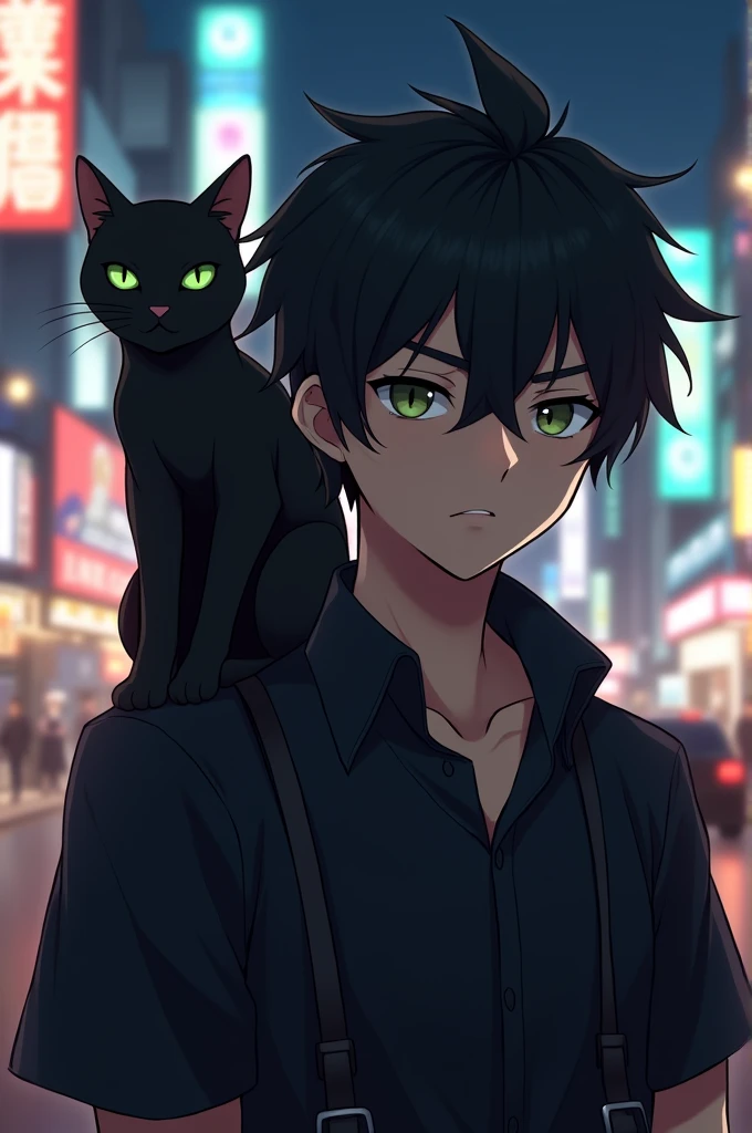 Create an realistic anime image of a boy wearing a black suspender with black shirt, slitly dark skinned with dark olive green eyes having a serious expression on face black bad boy style hair. A black cat sitting on his shoulder having dark green eyes. In background night life of a busy city