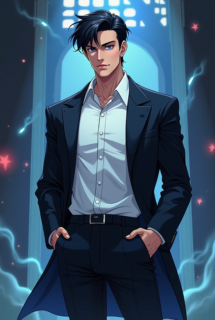 Cartoon, Paranormal Order Trait.
Jinwoo é um jovem alto, handsome and muscular with gray eyes, striking facial features and black hair with bangs that hang down to the eyes.
A white dress shirt and a tailored black coat