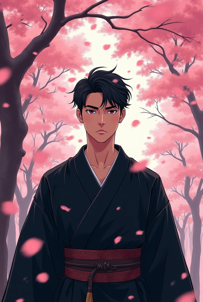 Generate me a art of young non bearded serious looking male filipino in a black kimono in a cherry blossom theme background anime style. He has to be facing the front