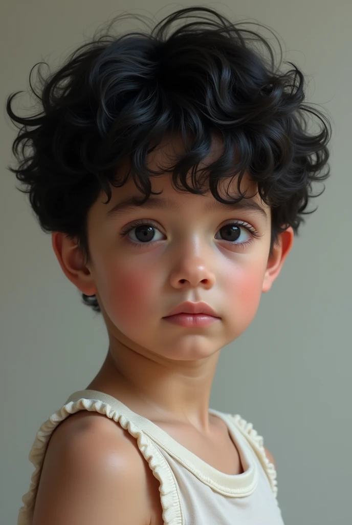 Make a realistic photo of a boy, young, white skin with black eyes and wavy hair