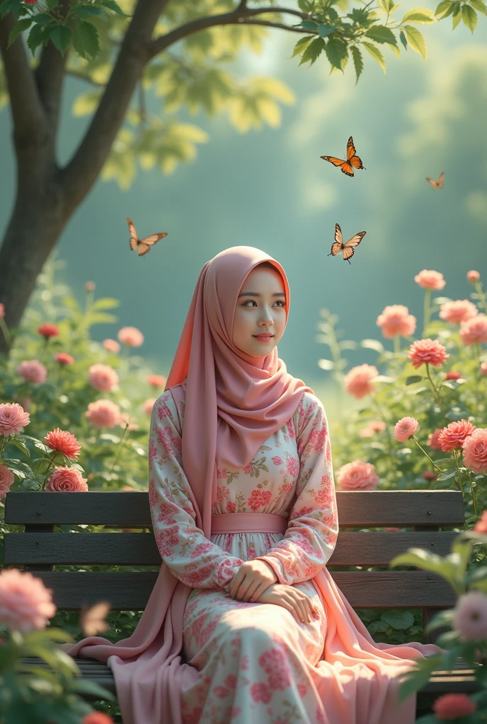 a beautiful Korean woman, wearing a Muslim hijab, wearing a floral shirt and skirt, sitting on a park bench, which is full of beautiful flowers and butterflies