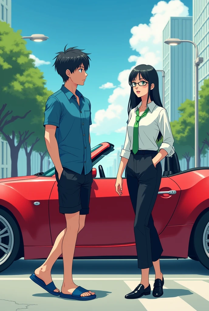 1 Japanese man,Age 27,black short hair,Blue short-sleeved shirt,Black shorts,Blue Rambo slippers,1 Japanese woman,Age 34,long black hair,White long-sleeved button-down shirt,Black suit shirt,Green tie,Black long office pants,Black leather shoes,Small glasses,behind,A red luxury car with an open top is parked.,Cool anime
