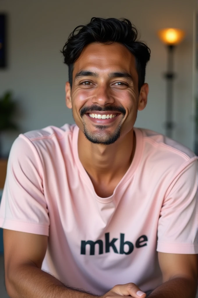 ((best quality)), ((masterpiece)), (detailed), perfect face A man with a smile facial expression wearing a light pink T-shirt with the words "mkbe" printed on it. he is sitting on Indoor and The background appears to be an indoor setting with bright lighting that highlights the man's face and T-shirt. He has short black hair and a slight mustache. ((8K)), ((Photografy)), ((Realistic)) 