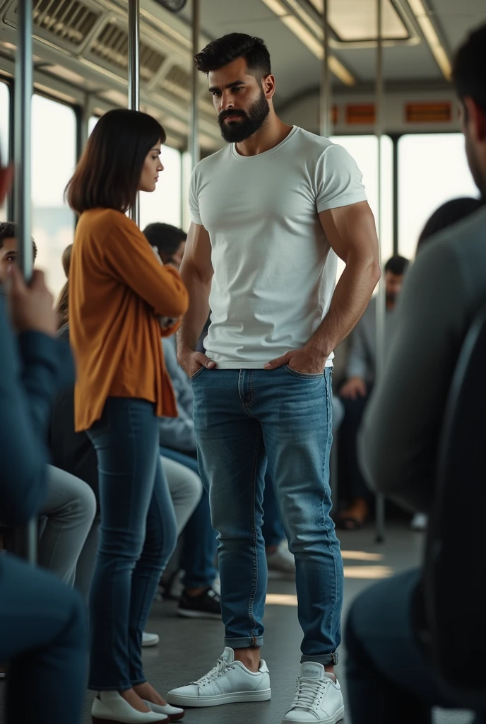 There is a young, strong, bearded Iranian man in a white t-shirt, jeans and white sneakers, standing, holding on inside a public transport bus, side by side being watched by a woman next to him. Bulge, bulge.