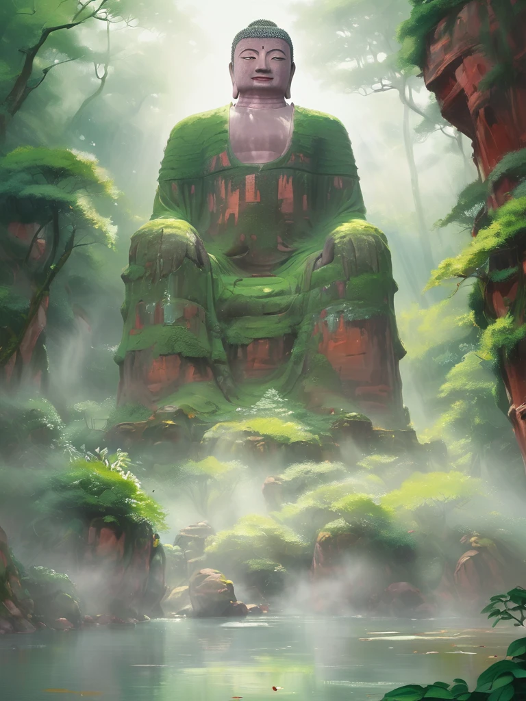 Exquisite，There is a red rock Buddha statue in the forest.，Abundant sunshine，Anime Colors，Green tone，Oil painting landscape，Brushstrokes，Leshan Giant Buddha，Foggy