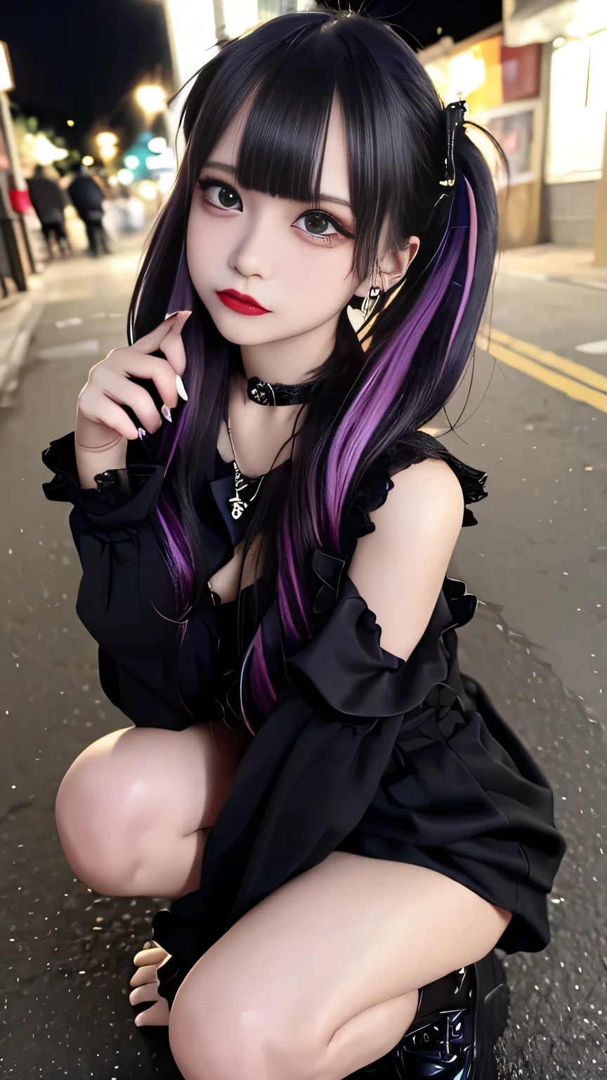 4K - ultra-vivid、highest quality, masterpiece, Ultra-high resolution, (reality: 1.4), 1 girl, Purple eyes, Cinema Lighting、purple and black hair、(Earrings、lots of earrings)、, raw photo, 8k, (top-quality), Realistic, (real picture, Intricate details), (natural skin texture, detailed skin, hyper realism, sharpness), dirty back alley at night, graffitied wall:1.3, slender body, (seductive face, Parted lips:1.3, eye shadow, eyeliner, tear bag, red lipstick), thigh, graffiti:1.5, trash can, night time, spot lighting:1.3, choker ,{{curls Bunches}},peter pan collar, jirai kei,