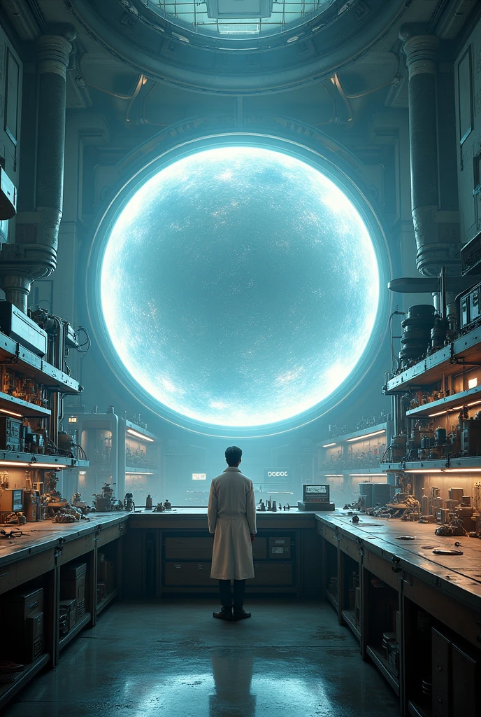 A laboratory with one professor, behind which there is a huge portal.