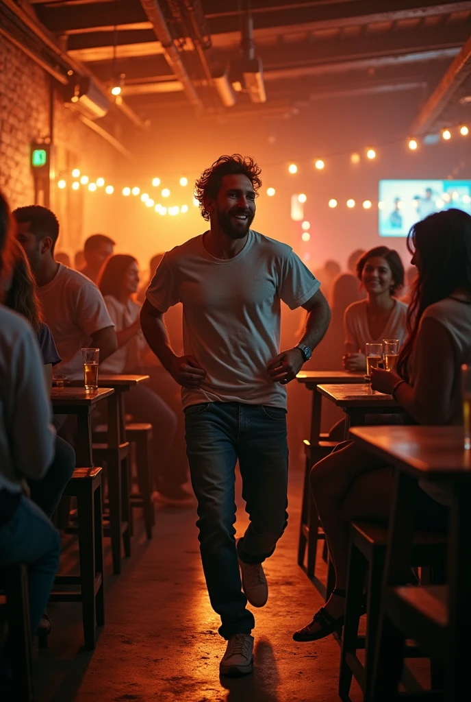 Messi is dancing in a bar with many people 