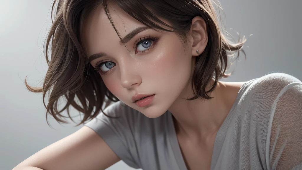 8K UHD、RAWphotograph、1 girl, Model photo shoot、Russian Race, European race, (masterpiece, highest quality, photorealistic, High resolution, photograph: 1.3), Close-up, Focusing, hot models, slim, 30 year old mature woman、small face、short cut hair、dark brown hair、Detailed beautiful eyes、Real skin, (perfect body), Sexy hot face, erotic, Sexual gaze, slim, Sweat top, Detailed beautiful eyes、glossy lips、small breasts、、bust B cup、((bright light、dynamic lighting、real、超real、 Realism、realistic details、background gray、Plain gray background, wide angle,