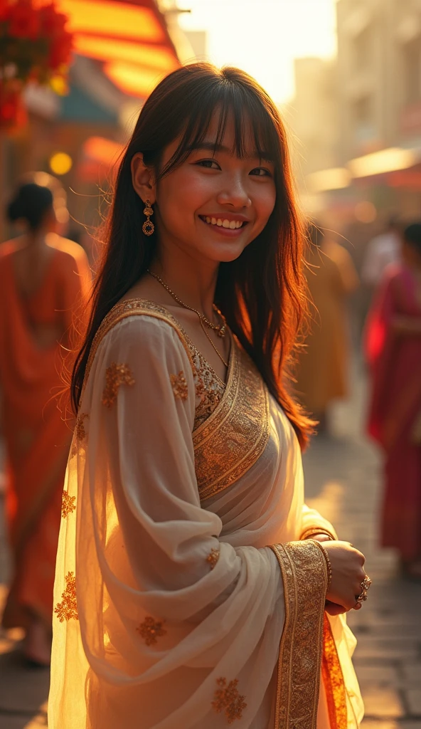 Masterpiece, 8k, photorealistic image, HD, hyperdetailed, one beautiful indian japanese girl wearing a beautiful hand embroidered white and gold saree and buying some ornaments on the streets of varanasi. Vibrant colors, high energy, sunset, cinematic lighting, straight brown hairs, bangs in front with lights falling on them, fair girl, happy and smiling, people in background, flower shops, dim lightings, surreal, candid shot,