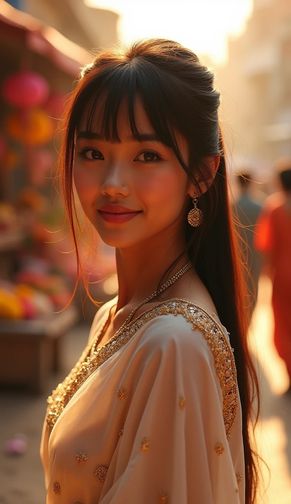 Masterpiece, 8k, photorealistic image, HD, hyperdetailed, one beautiful indian japanese girl wearing a beautiful hand embroidered white and gold saree and buying some ornaments on the streets of varanasi. Vibrant colors, high energy, sunset, cinematic lighting,  straight brown hairs, bangs in front with lights falling on them, fair girl, happy and smiling, people in background,  flower shops, dim lightings, surreal, candid shot, 