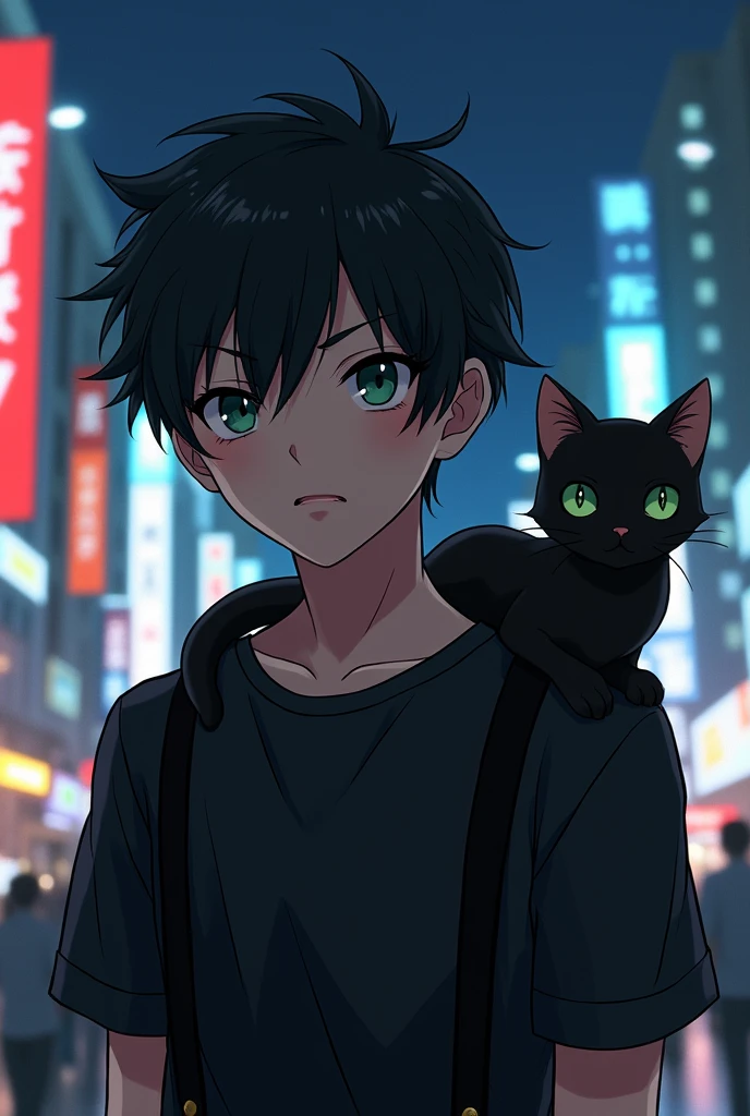 Create an realistic anime image of a boy wearing a black suspender with black shirt, slitly dark skinned with dark olive green eyes having a serious expression on face black bad boy style hair. A black cat sitting on his shoulder having dark green eyes. In background night life of a busy city