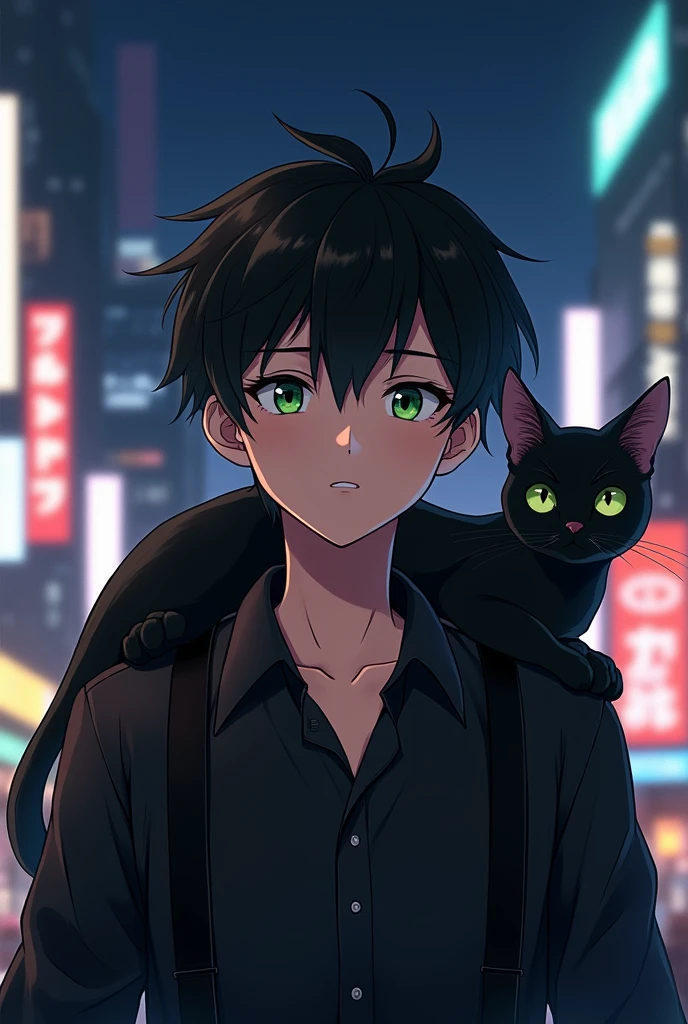 Create an realistic anime image of a boy wearing a black suspender with black shirt, slitly dark skinned with dark olive green eyes having a serious expression on face black bad boy style hair. A black cat sitting on his shoulder having dark green eyes. In background night life of a busy city