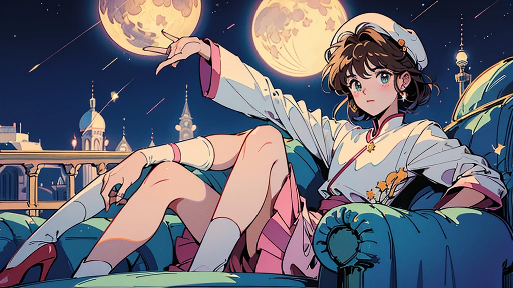 Cardcaptor Sakura Sakura。beret。Full moon and starry sky。Sitting on the sofa。1 person。A glittering cityscape in the foreground。