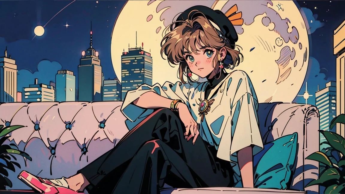 Card Captor Sakura。 beret。Full moon and starry sky, Sitting on the couch , One person, A glittering cityscape in the foreground、1990s style