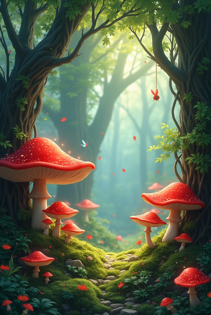 An enchanted forest with red mushrooms