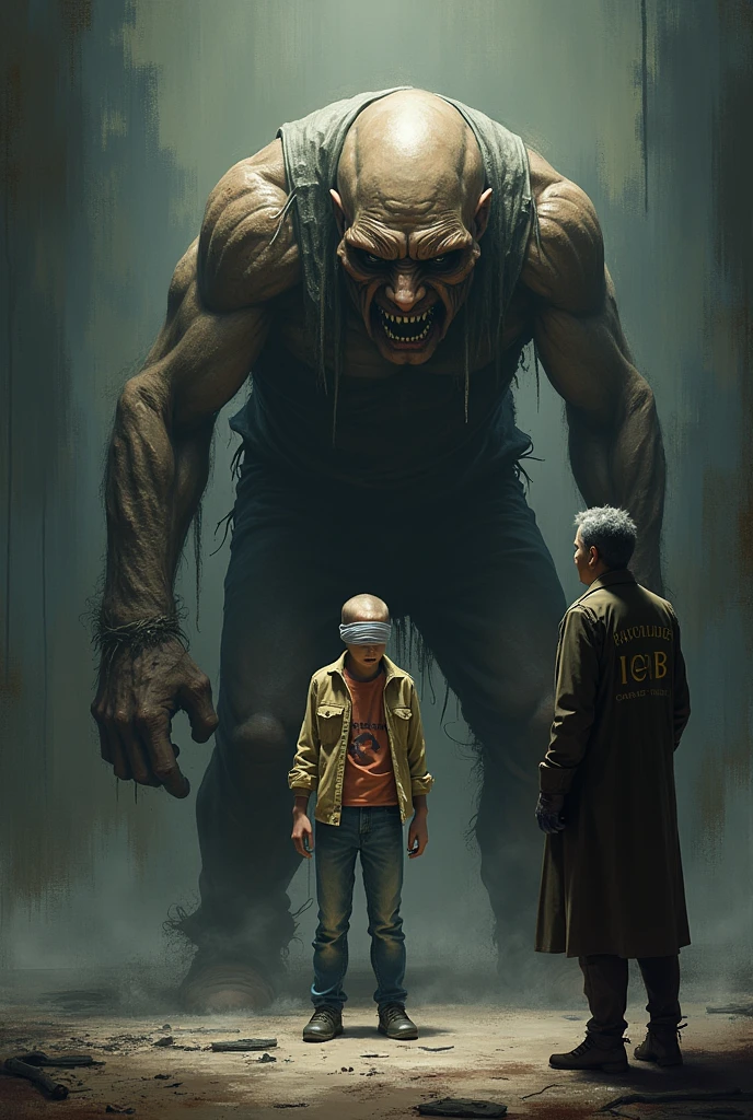 A very ugly character with a name on it "UEPB union" stepping on the head of another character who looks like a child with a blindfold on his eyes with a name "pupils" this ugly character looking at another character in front with the figure of a ruler, with a message ABOVE the head "where is our money, or we don't take our foot off him" and a message from the governor with an expression of despair saying "I'm not to blame for this accumulation and we have no way of paying it, you know that". Can create? I need words in Portuguese.
