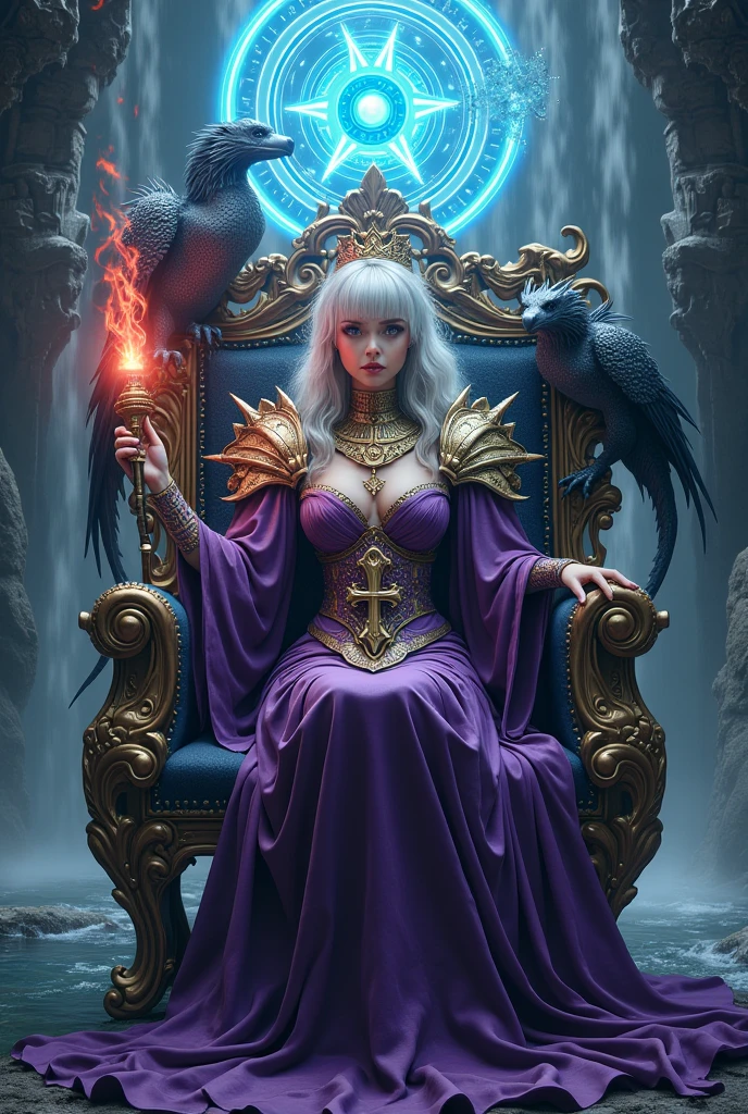 Surreal Very detailed Ultra Fantasy Ultimate Details Ultra-high resolution 8K 32k 3D clear, Beautiful Eyes Silver Hair sit Medieval Warrior anac mechanical engineering Mechanic Art . intricate and elaborate design, おmoney, money Silver Silver 紫 Black-purple Dynamic pose Cinema Lighting Magic spell aura 椅子にsit Dragons on both shoulders Blue magic circle design big, luxurious amulet e of money Bright colors girl A beautiful and mysterious magician Nice, Mysterious and cool tiara The ultimate mysterious design, Rainbow Armor Mysterious gorgeous chair Luxurious Armor girl Breaking the Magic Seal A river flows at my feet In his right hand he holds a mystical halberd In his left hand he holds a burning red torch Head Jewelry In the background, a waterfall flows from the top right. Gold Gauntlet Satanic Cross Necklace princess