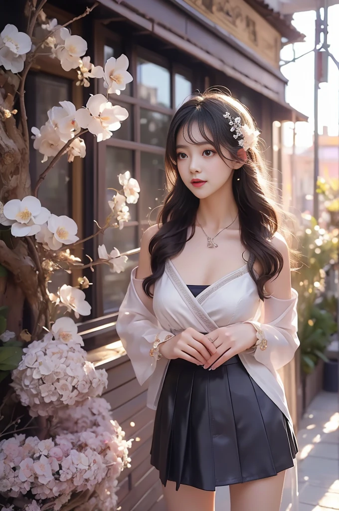 （Quality Improvement：1.4），1 Girl, Full breasts，Visible cleavage，Sexy long legs，The skirt is very short，She gently lifted her skirt with one hand,Surrounded by white Phalaenopsis orchids，Lilac dendrobium、White Lily, Flying petals，（Top quality leather), Delicate face,Black Hair, Gradient hair, Body,（Body1.1）, He has a precious gem on his forehead.., outstanding student，Long eyelashes,Smile, Surrealism, Movie Lighting, Projection Insert, Surrealism, Ultra HD, masterpiece，lie，Keep dreaming，Open your legs slightly.，Tattoo，Fantasy Space，Luxurious space，Exquisite makeup，blush，Shy expression