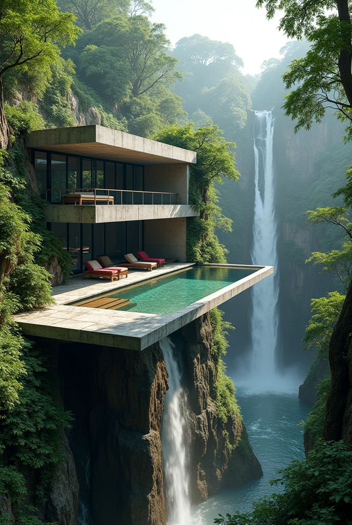 Modern concrete house on top of a waterfall, the dense jungle in tropical climates,hyperrealisti,fot,best qualityer,extremely complete detailed,with an organic picsina,perspective.