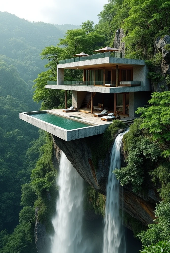 Modern concrete house on top of a waterfall, the dense jungle in tropical climates,hyperrealisti,fot,best qualityer,extremely complete detailed,with an organic picsina,perspective.