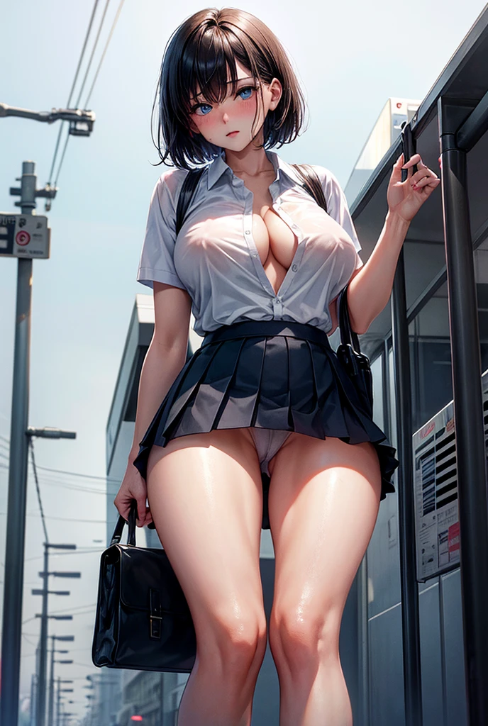 blush, breasts, short hair, big breasts, black hair, short hair, fringe, blue eyes, White shirt, wet, No Good, Open shirt, erect nipple, masterpiece, High resolution, The best quality, necessary, shy, school skirt, short skirt, panty visible, panty blanco, transparent, Street, rain, grey sky, bus station, alone, vaginal line From below, 