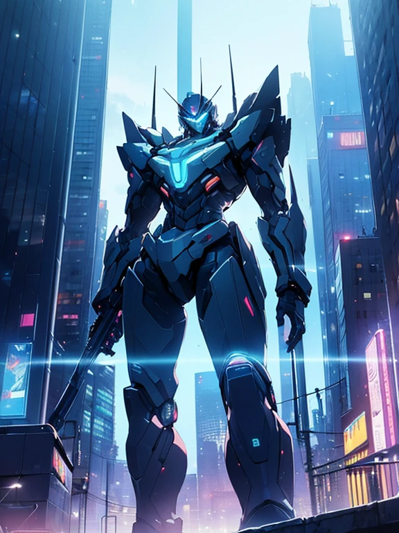 (masterpiece, best quality), High resolution, Very detailed,4K,8k,((from below)),((Late Night),Cyberpunk cityscape,Vibrant neon glow),(A giant robot walks among the tall buildings),(In the style of a movie poster)