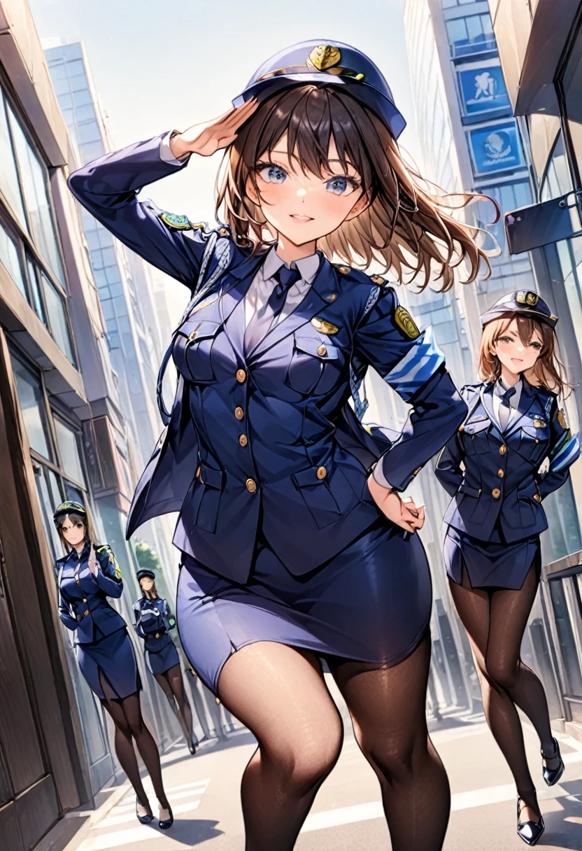 One woman、Female police officer、紺色のFemale police officer、Female police officerの制帽、Overlooking、Salute pose、Uniform Buttons、Collared shirt、Black tie、Navy blue pencil skirt、Black Pantyhose、Uniform jacket、Black pumps、Dynamic Angle