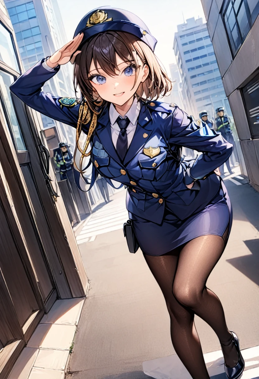 One woman、Female police officer、紺色のFemale police officer、Female police officerの制帽、Overlooking、Salute pose、Uniform Buttons、Collared shirt、Black tie、Navy blue pencil skirt、Black Pantyhose、Uniform jacket、Black pumps、Dynamic Angle