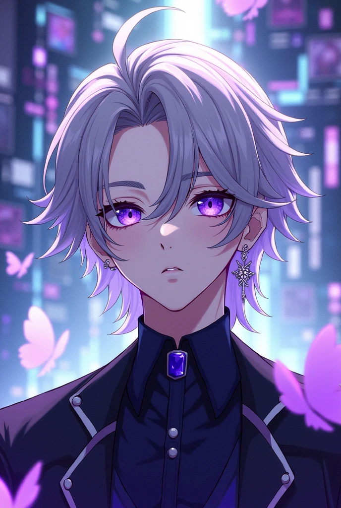 Anime, handsome youth, shoulder length silver hair that is slightly pulled back on the left side
very ruffled at his forehead, dividing into multiple other strands, mesmerising amethyst eyes, male idol, amethyst cross earring on the left ear, noble bearing, demon ascendance, sci-fi clothes, androgynous face with lustrous skin and soft features, androgynous neutral voice, with sci-fi screens and amethyst butterflies around